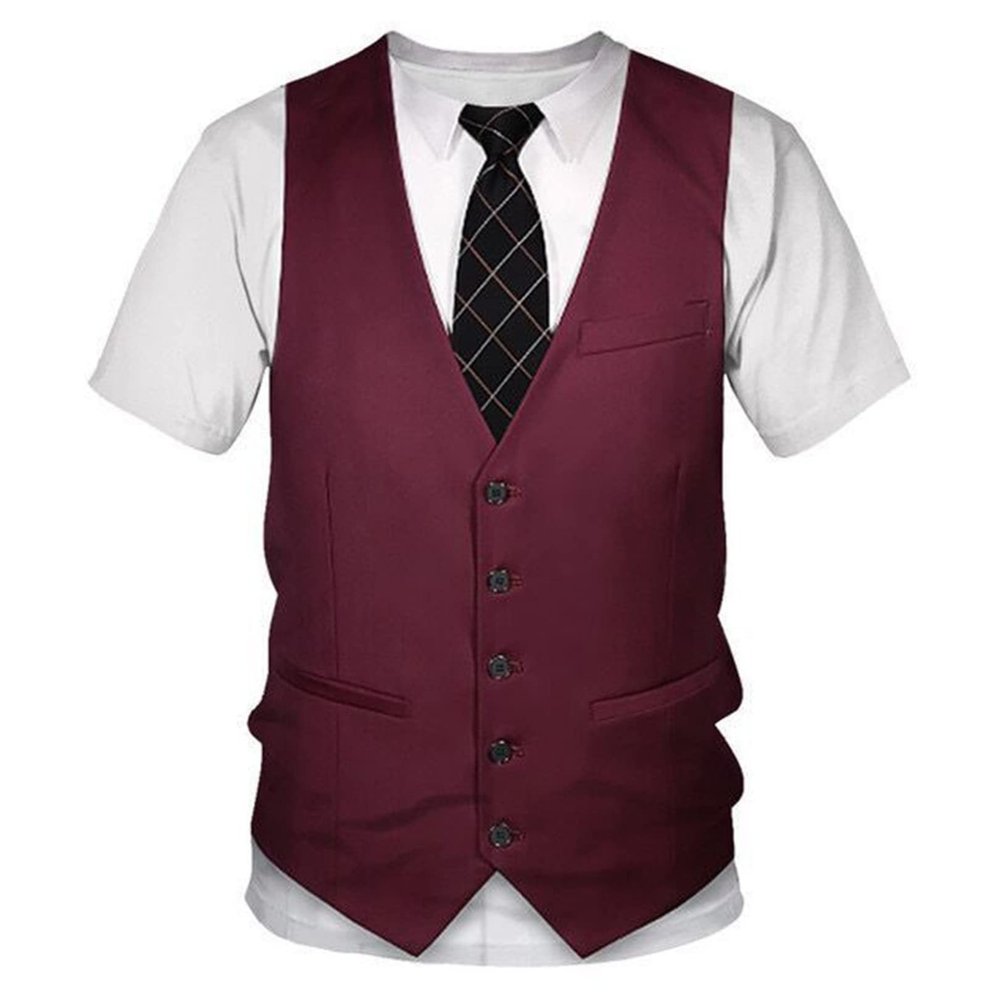 FEESHOW Mens Fake Two-Piece 3D Print Gentlemen Suit Short Sleeve Tuxedo T-Shirt + Tie + Vest for Party Performance Burgundy Small
