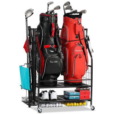 FHXZH Golf Bag Storage Garage Organizer - Golf Bag Stand Fit for 2 Bag, Extra Clubs, Balls, Shoes, and Golf Equipment Accessories, Golf Storage Rack for Garage, Club, Shed (2 Golf Bag Rack)
