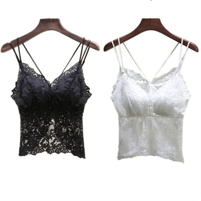 Summer The V Neck Sexy Lace with Chest pad All in one Camisole Ladies Worn Outside and Inside Breathable Stretch Underwear (Color : Black+White, Size : Medium)