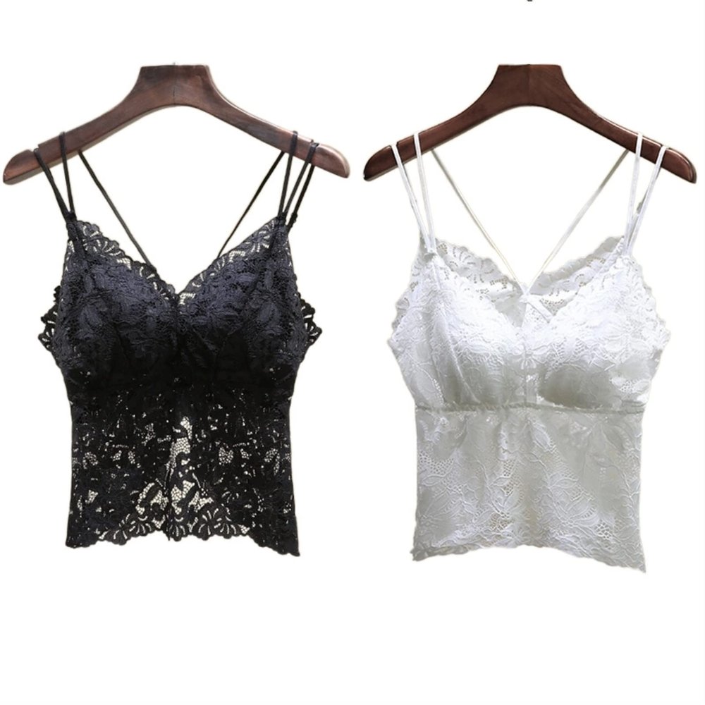 Summer The V Neck Sexy Lace with Chest pad All in one Camisole Ladies Worn Outside and Inside Breathable Stretch Underwear (Color : Black+White, Size : Medium)