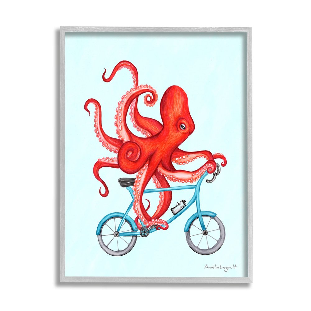 Stupell Industries Red Octopus Tentacles Riding Blue Bike Bicycle, Design by Amelie Legault
