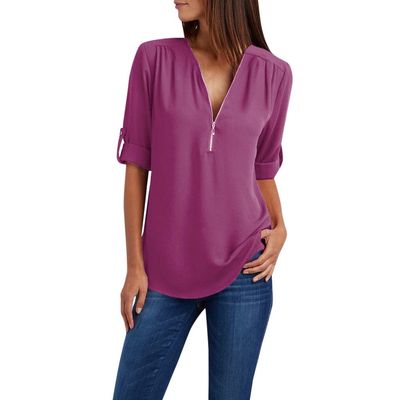 PBNBP Women's Cute Loose Fit Blouse Cuff Sleeve Solid Color V Neck Daily Tops Chiffon Half Zip Long Sleeve Summer Fall Shirts Blusas