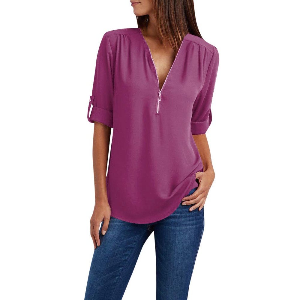 PBNBP Women's Cute Loose Fit Blouse Cuff Sleeve Solid Color V Neck Daily Tops Chiffon Half Zip Long Sleeve Summer Fall Shirts Blusas