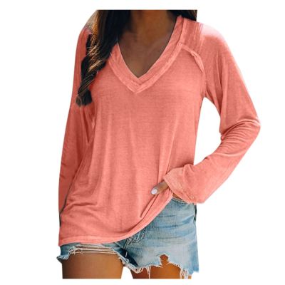 PBNBP V Neck Solid Color Shirts for Women Daily Summer Fall Long Sleeve Tunic Tops Raglan Sleeve Loose Fit Cute Blouse Blusas