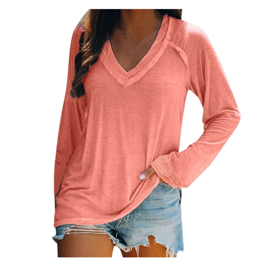 PBNBP V Neck Solid Color Shirts for Women Daily Summer Fall Long Sleeve Tunic Tops Raglan Sleeve Loose Fit Cute Blouse Blusas