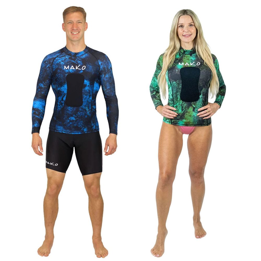 MAKO Spearguns Long Sleeve Camo Rash Guard with Chest Loading Pad | Spearfishing Dive Skin Shirt | Large | Blue