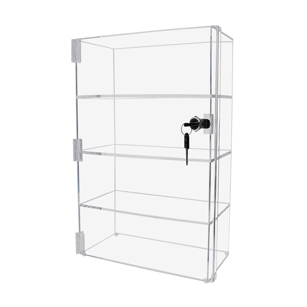 Marketing Holders Countertop Clear Acrylic Cabinet Free Standing Three Shelf 12" x 6" x 16" Locking Display Locker with Two Keys Retail Merchandise Showcase Storage Multi Level Cupboard