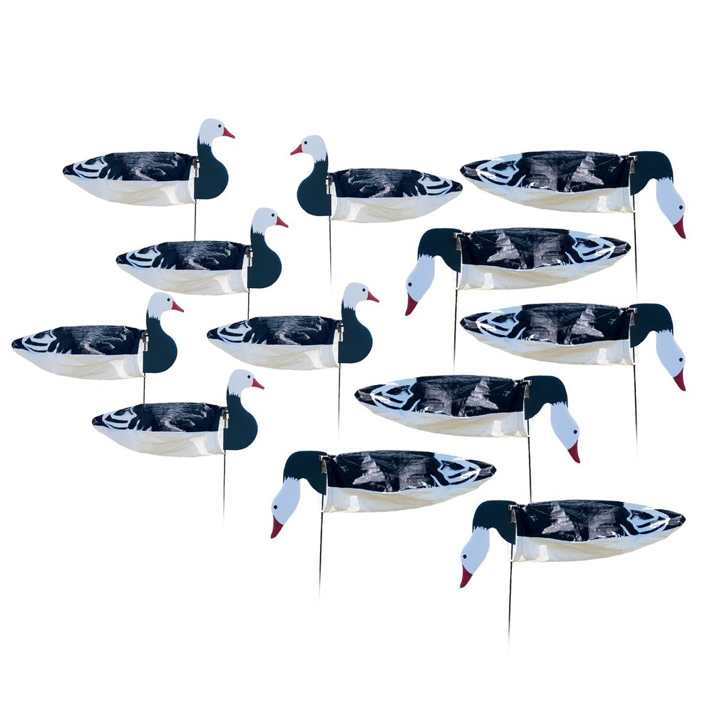 Avery GHG Pro-Grade Blue Goose Sock Decoys, 12-Pack | Durable Realistic Quick-Setup Hunting Windsock Decoy Set with Stable Ground Stakes, Resistant No-Glare Matte Bodies, 24" - with Heads (77506)