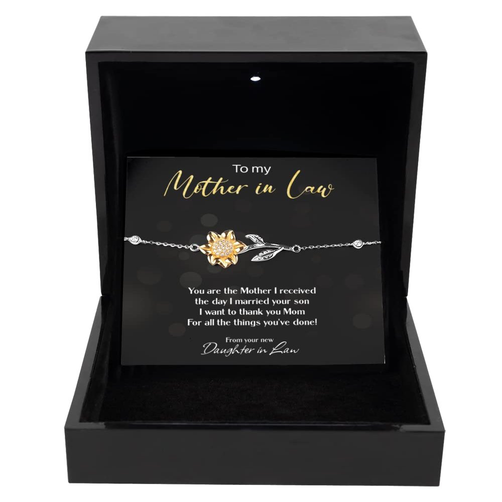 Sunflower Bracelet Luxury Box Mother in Law Sterling Silver Necklace, Appreciation Gift for My New MIL, Bride Gift for her Mother in Law, Wedding FA