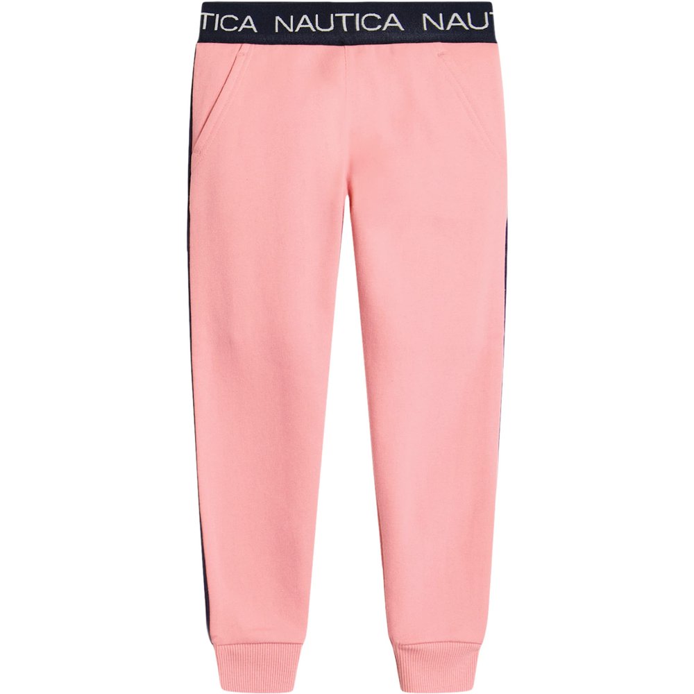 Nautica Girls' Logo Sweatpants, Fleece Joggers with Ribbed Cuffs & Functional Side Pockets, Pink Flamingo, 4T