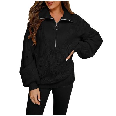 tuduoms Womens Knit Sweaters 1/4 Zipper Collar Oversized Slouchy Sweatshirt Lightweight Long Sleeve Winter Knit Pullover Tops