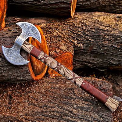 Custom Handmade Gift Forged Carbon Steel Viking Double Head Axe with Rose Wood Shaft, Viking Bearded Camping Axe & Hatchet, Best for Him, 26 Inches (Medieval Axe)