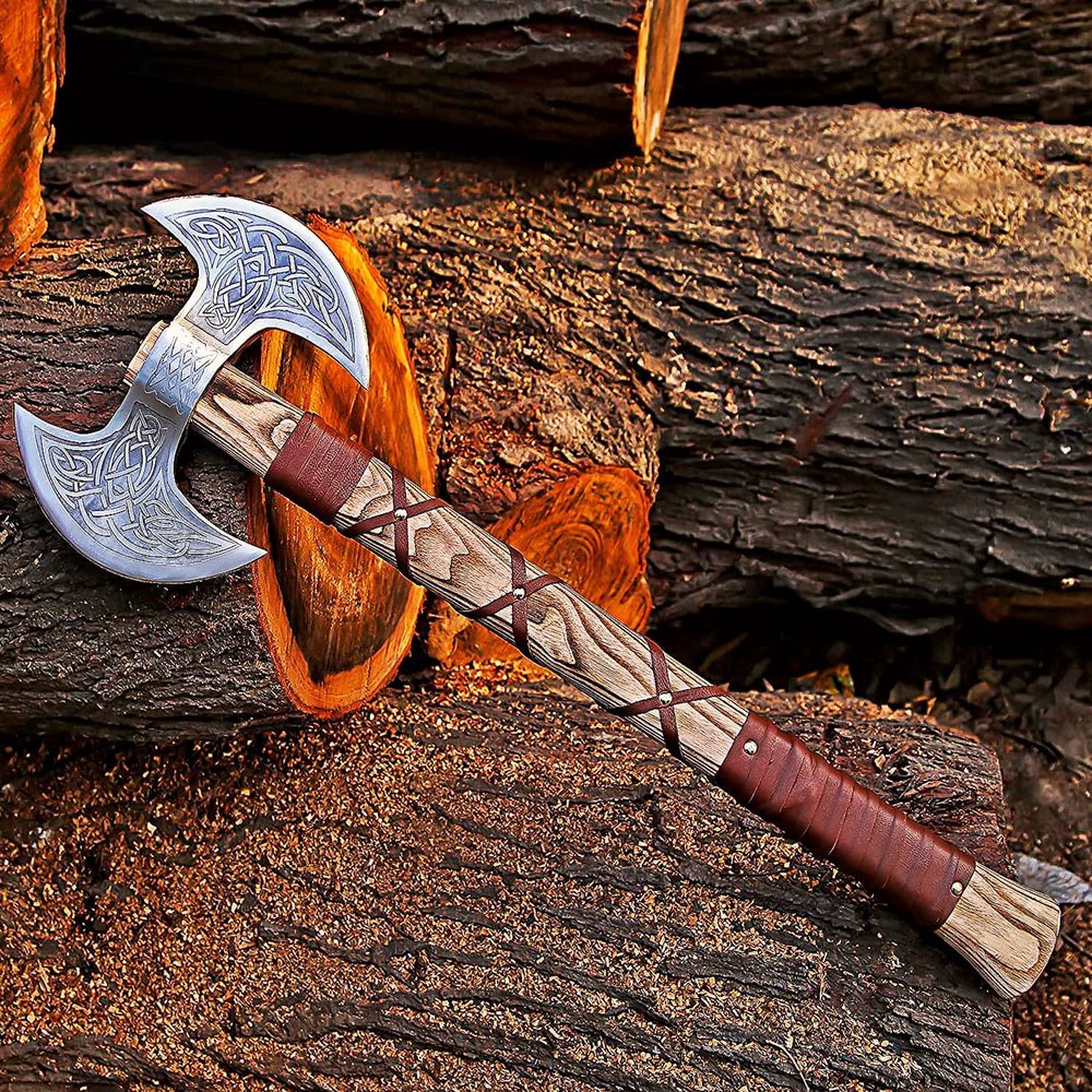 Custom Handmade Gift Forged Carbon Steel Viking Double Head Axe with Rose Wood Shaft, Viking Bearded Camping Axe & Hatchet, Best for Him, 26 Inches (Medieval Axe)