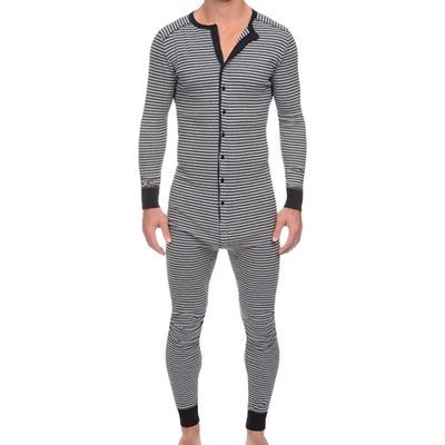 Maiyifu-GJ Men's Long Sleeve Pajamas Striped Ultra Soft Thermal Union Suit One Piece Slim Fit Button Down Jumpsuit Sleepwear (Grey,X-Large)