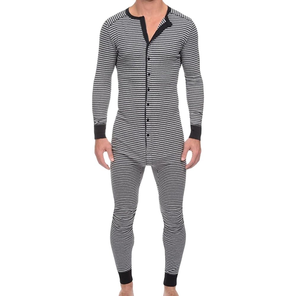 Maiyifu-GJ Men's Long Sleeve Pajamas Striped Ultra Soft Thermal Union Suit One Piece Slim Fit Button Down Jumpsuit Sleepwear (Grey,X-Large)