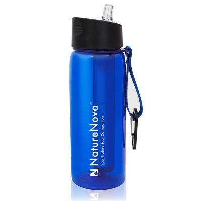 Naturenova Water Filter Bottle with 4-Stage Integrated Filter Straw BPA Free for Camping, Hiking, Backpacking, Emergency and Travel, Blue 650ml
