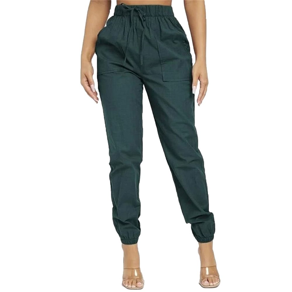 DGHM-JLMY Solid Women Tie Hem Casual Pants Casual Pencil Pants with Pockets Work Trousers Paper Bag Loose Waist Long Trousers (Navy Blue,X-Small)