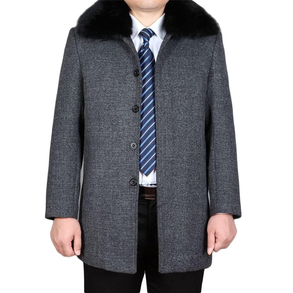 Maiyifu-GJ Men's Winter Single Breasted Trench Overcoat Removable Faux Fur Collar Coat Warm Business Long Pea Coat Outwear (Grey,170)