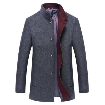 Men Winter Wool Blend Trench Coat Single Breasted Slim Fit Business Pea Coat Stand Collar Long Windproof Overcoat (Dark Grey,195)