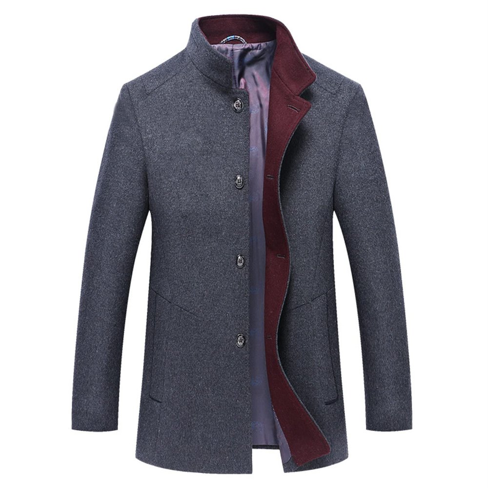 Men Winter Wool Blend Trench Coat Single Breasted Slim Fit Business Pea Coat Stand Collar Long Windproof Overcoat (Dark Grey,195)