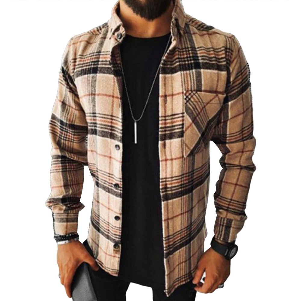Men's Flannel Plaid Shirt Jackets Long Sleeve Checkered Button Down Shirts Regular Warm Outdoor Tops with Pocket (Brown,XX-Large)