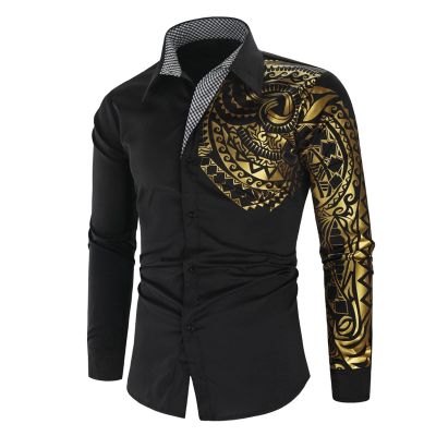 Men's Print Button Down Dress Shirt Shiny Golden Printed Long Sleeves Shirts Casual Slim Floral Nightclub Costume (Black,Medium)