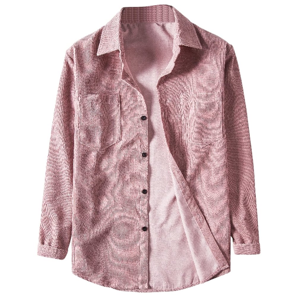 Mens Long Sleeve Corduroy Shirts Solid Color Button Down Ribbed Fall Tops Lightweight Casual Warm Shacket Jacket (Pink,Medium)
