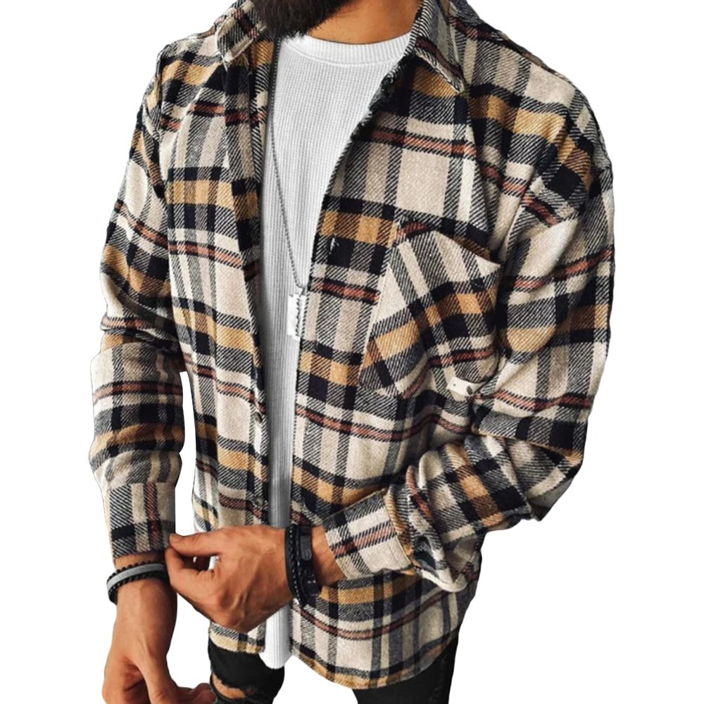 Maiyifu-GJ Men's Flannel Plaid Shirt Jackets Long Sleeve Checkered Button Down Shirts Regular Warm Outdoor Tops with Pocket (Color 2,XX-Large)