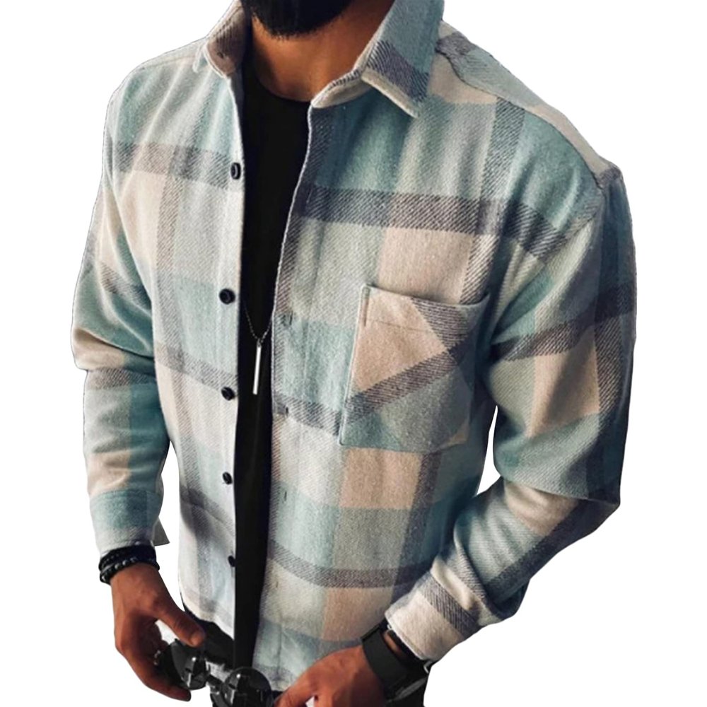 Maiyifu-GJ Men's Flannel Plaid Shirt Jackets Long Sleeve Checkered Button Down Shirts Regular Warm Outdoor Tops with Pocket (Light Blue,3X-Large)