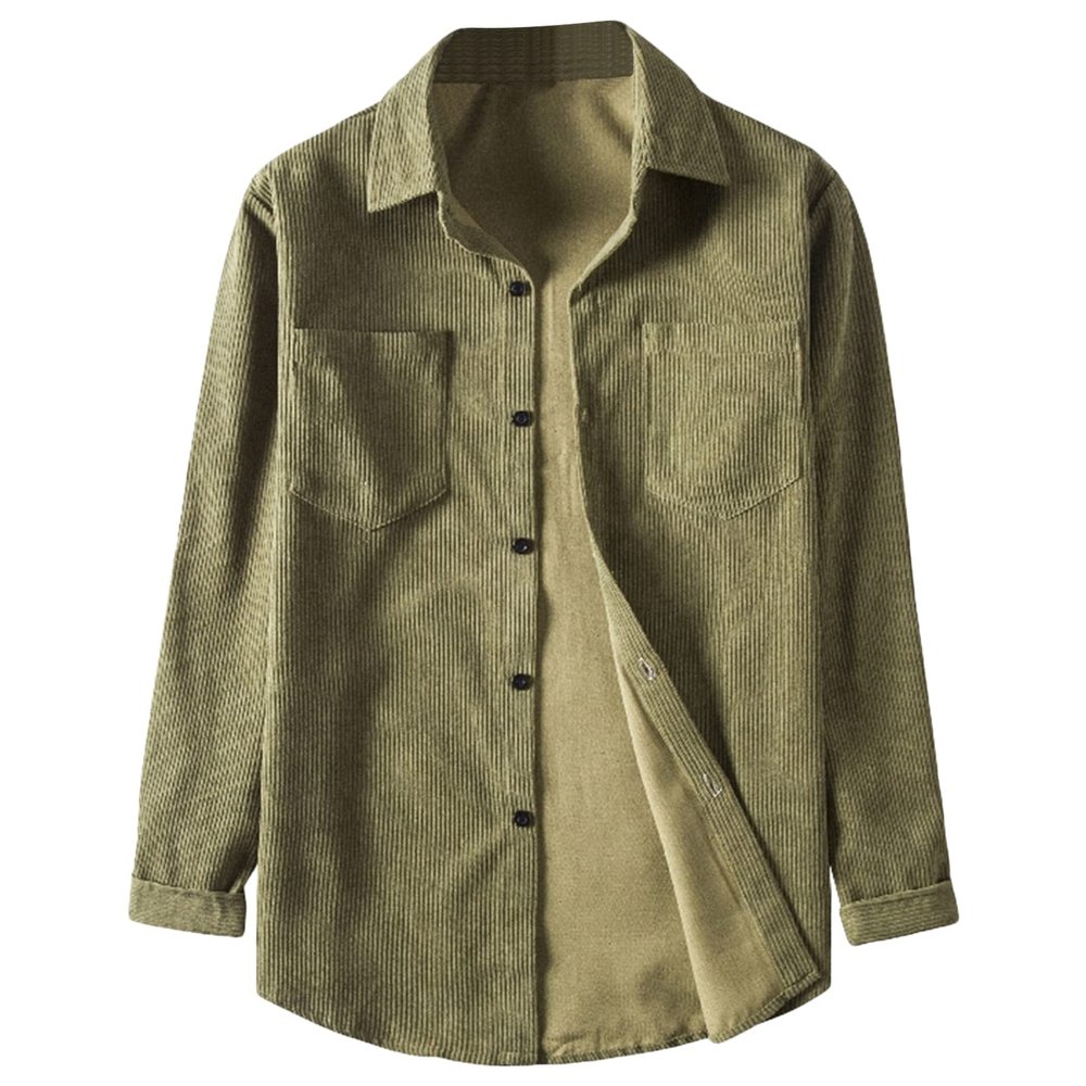 Mens Long Sleeve Corduroy Shirts Solid Color Button Down Ribbed Fall Tops Lightweight Casual Warm Shacket Jacket (ArmyGreen,3X-Large)