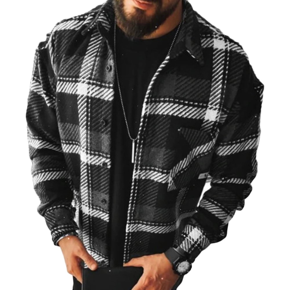 Maiyifu-GJ Men's Flannel Plaid Shirt Jackets Long Sleeve Checkered Button Down Shirts Regular Warm Outdoor Tops with Pocket (Black 2,3X-Large)