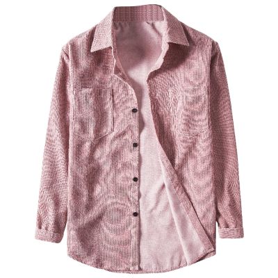 Maiyifu-GJ Mens Long Sleeve Corduroy Shirts Solid Color Button Down Ribbed Fall Tops Lightweight Casual Warm Shacket Jacket (Pink,XX-Large)