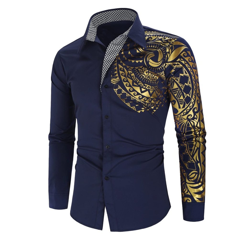 Men's Print Button Down Dress Shirt Shiny Golden Printed Long Sleeves Shirts Casual Slim Floral Nightclub Costume (Dark Blue,XX-Large)