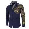 Men's Print Button Down Dress Shirt Shiny Golden Printed Long Sleeves Shirts Casual Slim Floral Nightclub Costume (Dark Blue,XX-Large) view 1