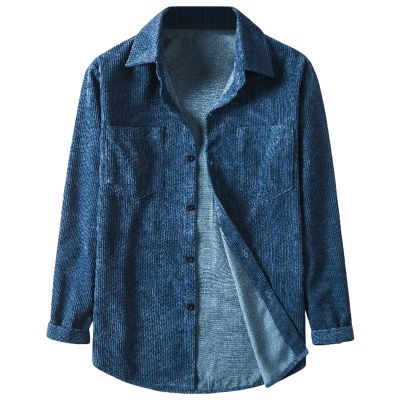 Maiyifu-GJ Mens Long Sleeve Corduroy Shirts Solid Color Button Down Ribbed Fall Tops Lightweight Casual Warm Shacket Jacket (Dark Blue,Large)