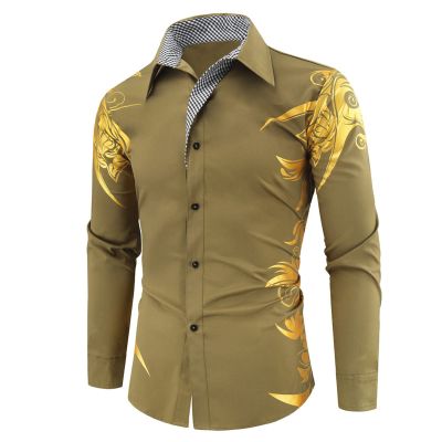 Maiyifu-GJ Mens Print Button Down Dress Shirt Shiny Golden Printed Long Sleeves Shirts Casual Floral Nightclub Shirt Costume (ArmyGreen,Large)