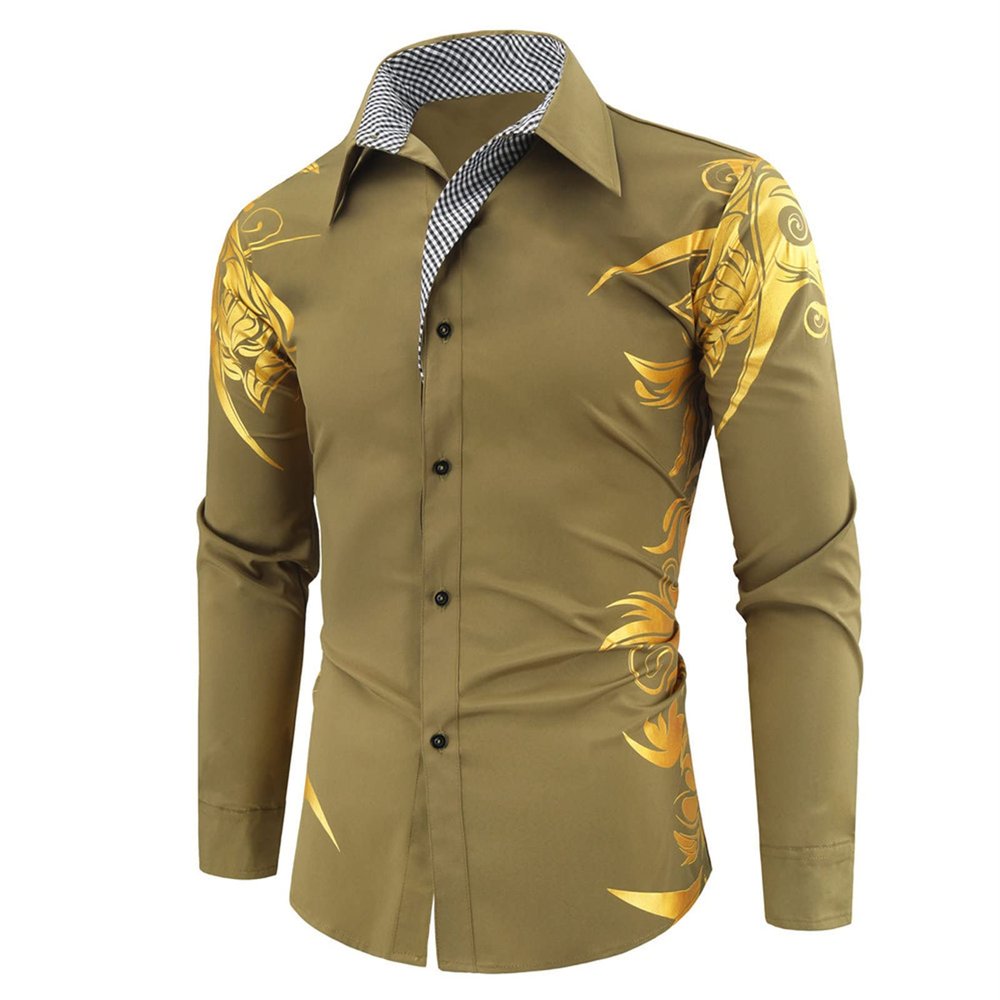 Maiyifu-GJ Mens Print Button Down Dress Shirt Shiny Golden Printed Long Sleeves Shirts Casual Floral Nightclub Shirt Costume (ArmyGreen,Large)