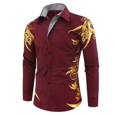 Mens Print Button Down Dress Shirt Shiny Golden Printed Long Sleeves Shirts Casual Floral Nightclub Shirt Costume (Dark Red,X-Large)
