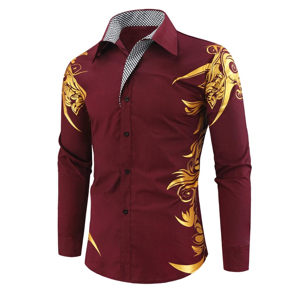 Mens Print Button Down Dress Shirt Shiny Golden Printed Long Sleeves Shirts Casual Floral Nightclub Shirt Costume (Dark Red,X-Large)