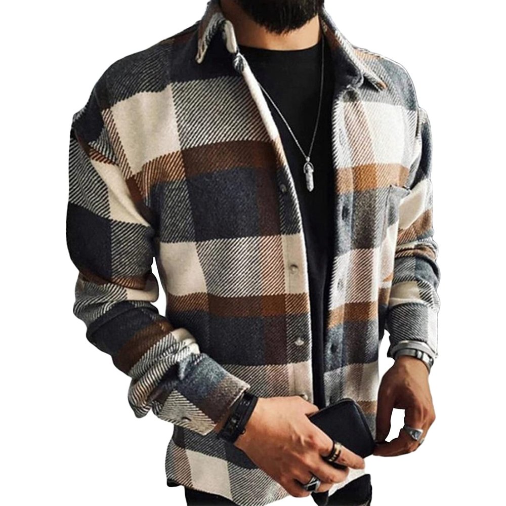Maiyifu-GJ Men's Flannel Plaid Shirt Jackets Long Sleeve Checkered Button Down Shirts Regular Warm Outdoor Tops with Pocket (Color 3,XX-Large)