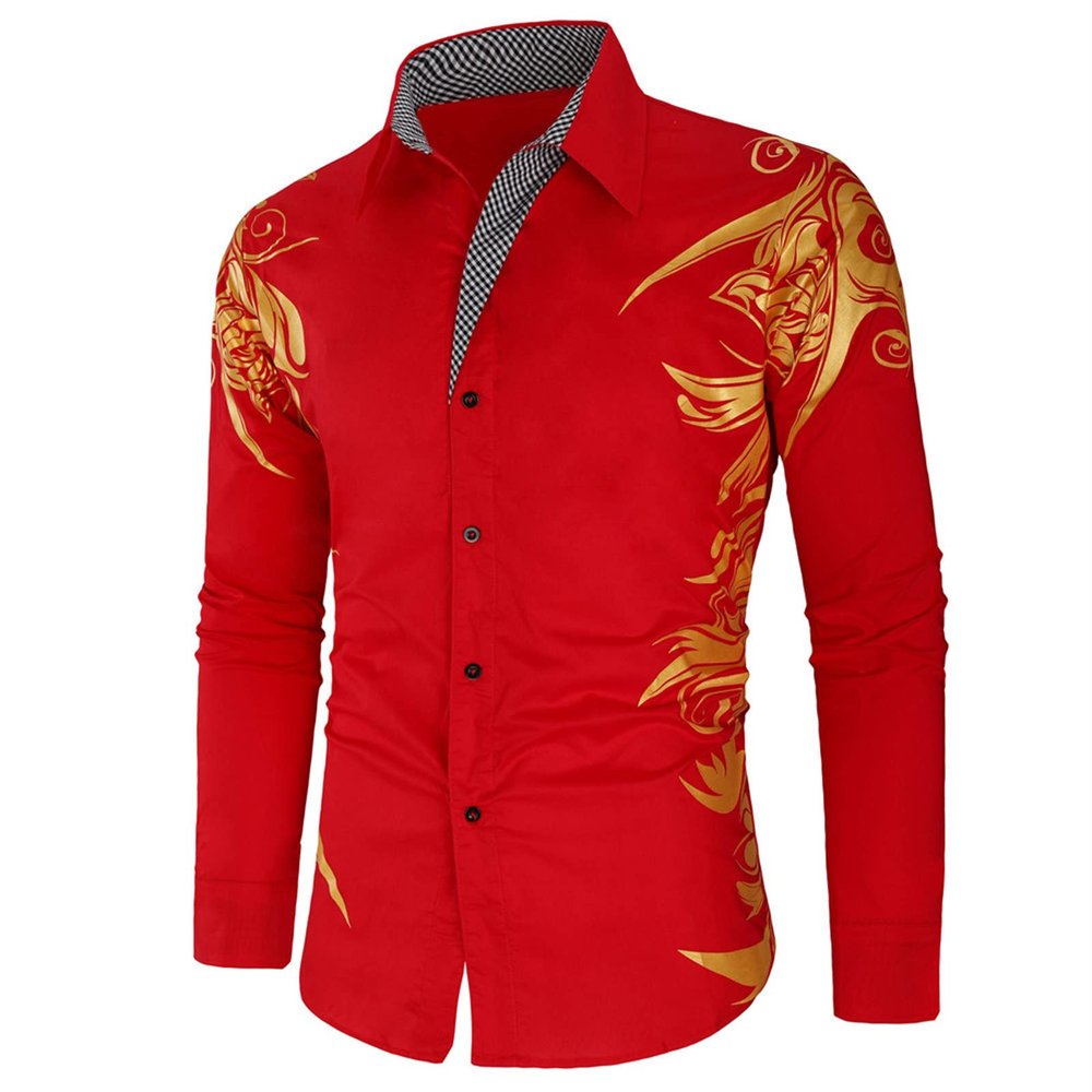 Maiyifu-GJ Mens Print Button Down Dress Shirt Shiny Golden Printed Long Sleeves Shirts Casual Floral Nightclub Shirt Costume (Red,Medium)