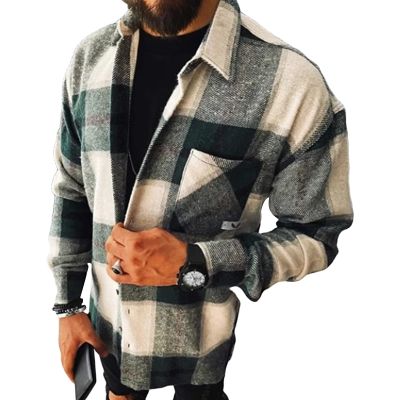 Maiyifu-GJ Men's Flannel Plaid Shirt Jackets Long Sleeve Checkered Button Down Shirts Regular Warm Outdoor Tops with Pocket (Green,XX-Large)