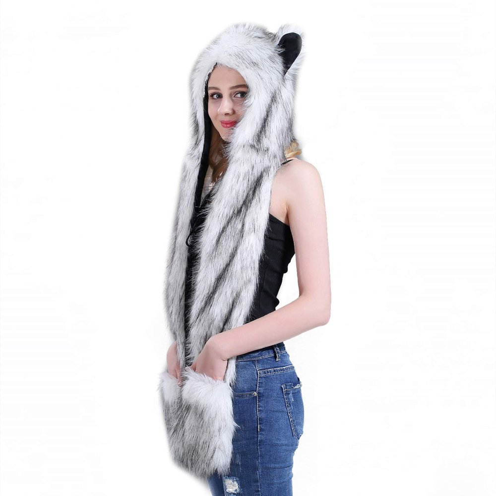 Faux Fur Animal Hat Plush Warm 3-in-1 Hat Scarf Gloves Set Winter Hood Cap for Halloween Xmas Cosplay Party