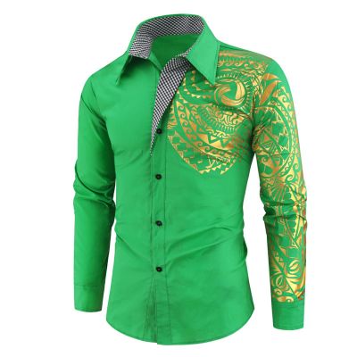 Maiyifu-GJ Men's Print Button Down Dress Shirt Shiny Golden Printed Long Sleeves Shirts Casual Slim Floral Nightclub Costume (Green,Medium)
