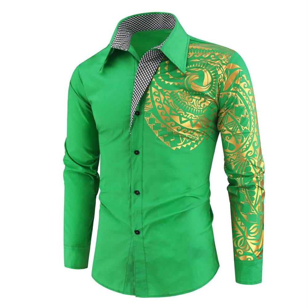 Maiyifu-GJ Men's Print Button Down Dress Shirt Shiny Golden Printed Long Sleeves Shirts Casual Slim Floral Nightclub Costume (Green,Medium)