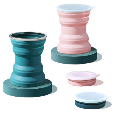 JIELUO Silicone Collapsible Travel Cup, 2 Pack 320 ML Collapsible Silicone Cup with Lid, Expandable Drinking Cup Set, Reusable Mug for Camping, Hiking, Travel