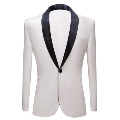 Maiyifu-GJ Men's Premium Velvet Blazer Jacket Slim Fit Solid Shawl Lapel Tuxedo Suit One Button Dinner Party Prom Sport Coat (White,X-Large)