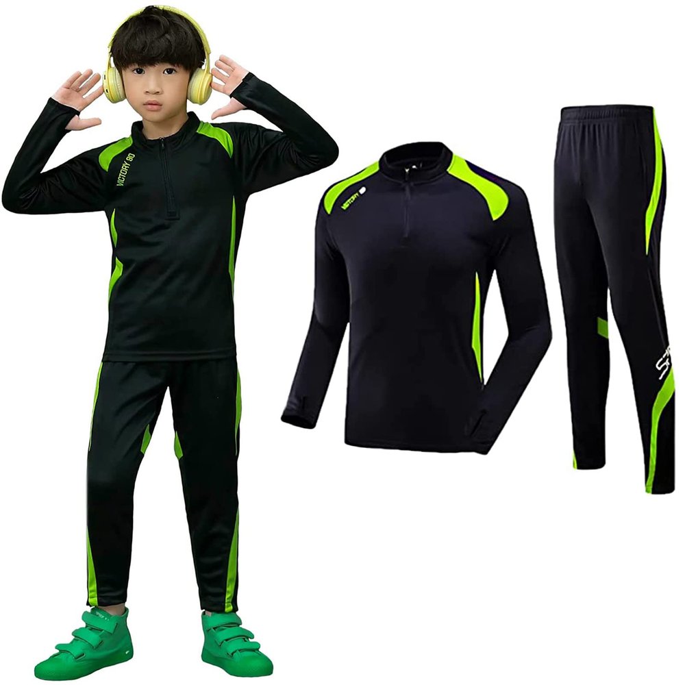 HSTiSan Boy's Tracksuit Long Sleeve Color Block Casual Sweatsuit + Pants Set Kids Boys Jogging Uniform Jersey Suit 3-12Y, Black and green/4-5T