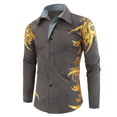 Mens Print Button Down Dress Shirt Shiny Golden Printed Long Sleeves Shirts Casual Floral Nightclub Shirt Costume (Grey,Large)