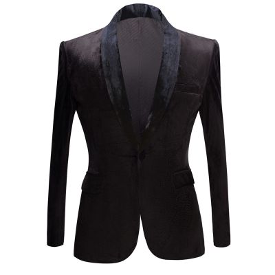 Men's Premium Velvet Blazer Jacket Slim Fit Solid Shawl Lapel Tuxedo Suit One Button Dinner Party Prom Sport Coat (Black,3X-Large)